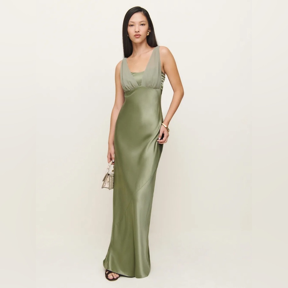 Reformation Elegant Green Satin Gown